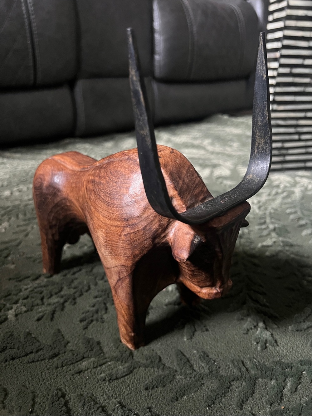 Hand-Carved Wood Bull Figurine with Metal Horns - Brown